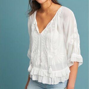 Anthropologie Cream Embroidered Blouse Sheer Boho Anthro Size XS